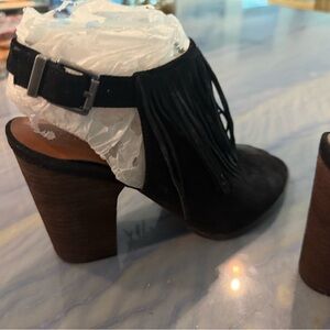 Lucky Brand Black Fringe Block Heel Sandals